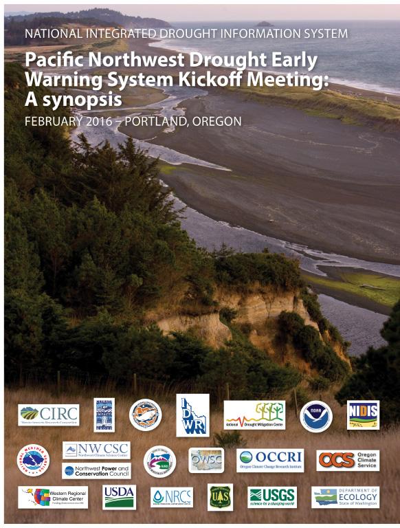 first page of report on the Pacific Northwest Drought Early Warning System Kickoff Meeting showing title, date, and several logos with a photo of a wetlands as a background
