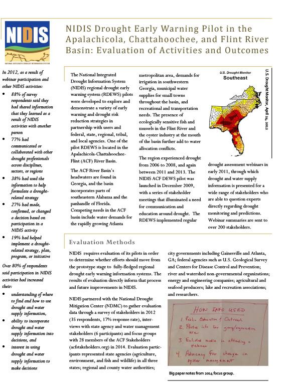 Frist page of two pager shows tex and US Drought Monitor map of Southeast (undated); NIDIS logo