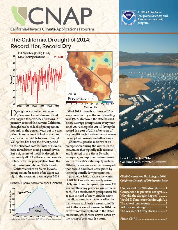 First page of California 2014 Drought newsletter showing text, photo of a lake, the CNAP and NOAA logos