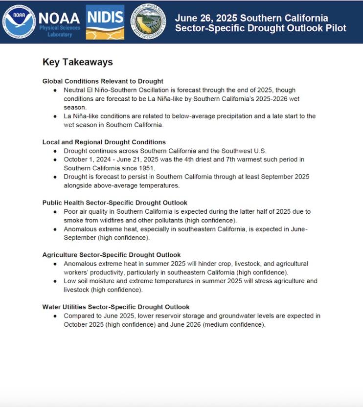 First page of the written Outlook document for Southern California, as part of the Modernizing Drought Early Warning – Southern California Pilot.