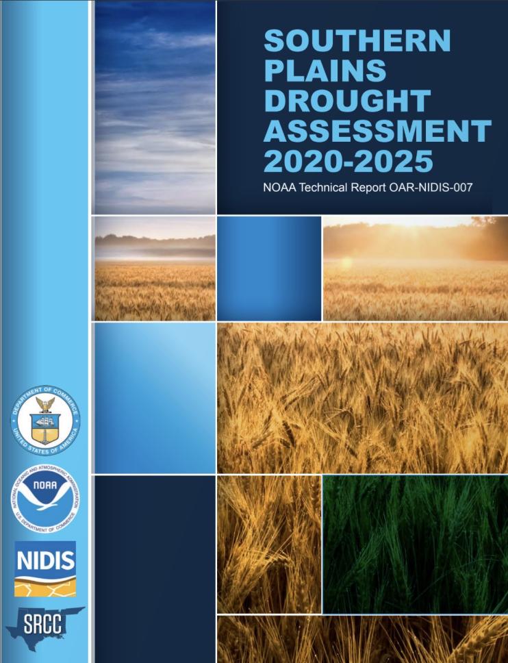 Cover page of the Southern Plains Drought Assessment 2020-2025, showing a field of wheat and logos from the report authors.