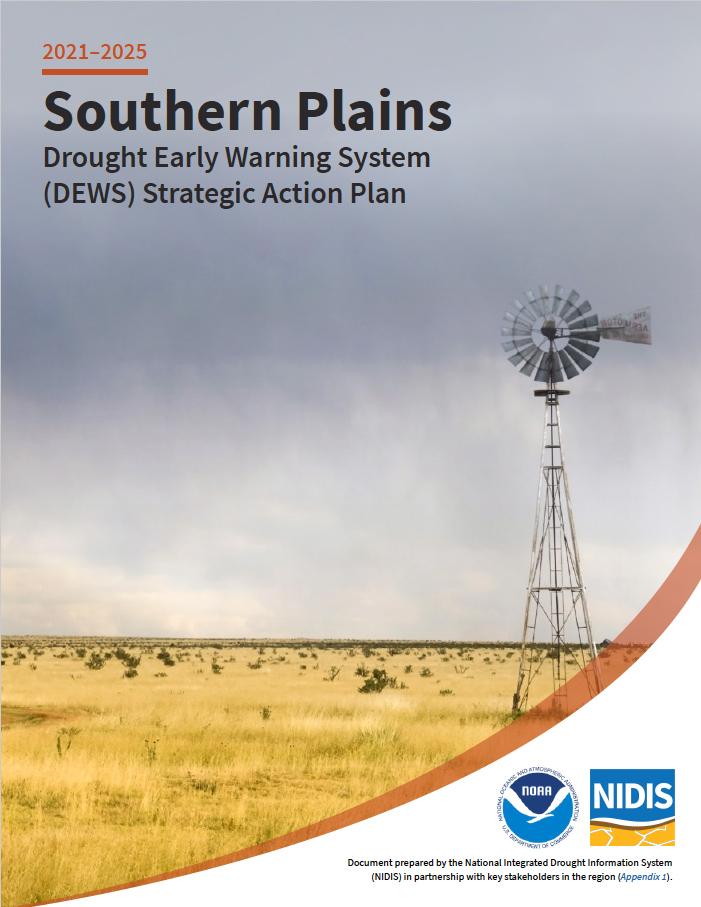 Cover page of the Southern Plains DEWS 2021–2025 Strategic Action Plan, showing a windmill in a field with dry grass