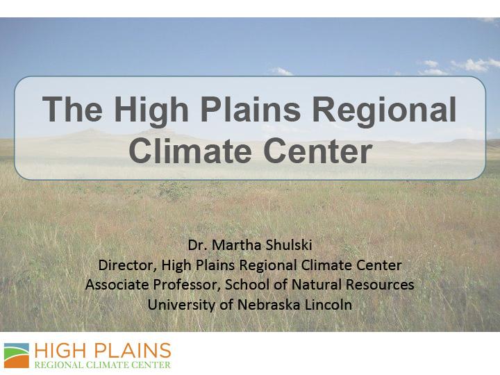 Title slide from presentation on Extreme Events Workshop: The High Plains Regional Climate Center with logo for High Plains Regional Climate Center