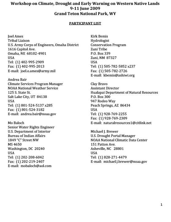 First page of seven page Climate, Drought and Early Warning Workshop Attendee List