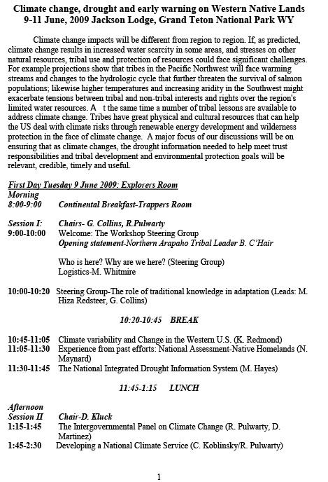 First page of Climate, Drought and Early Warning Workshop Agenda