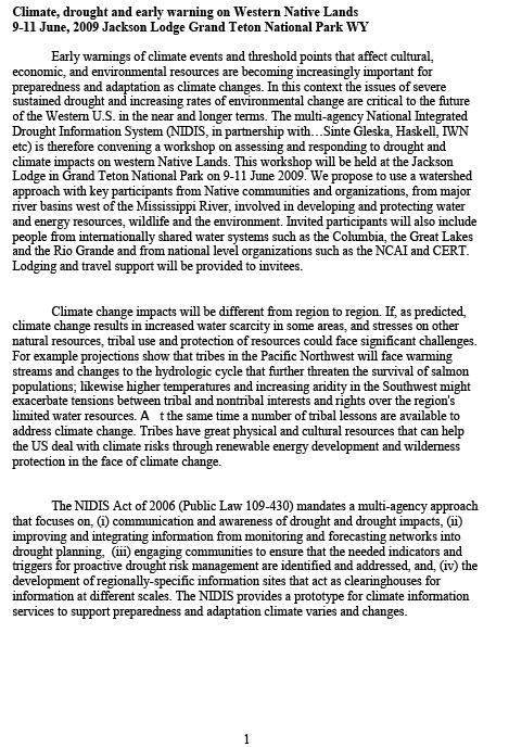 First page of Climate, Drought and Early Warning 2010 Workshop Summary