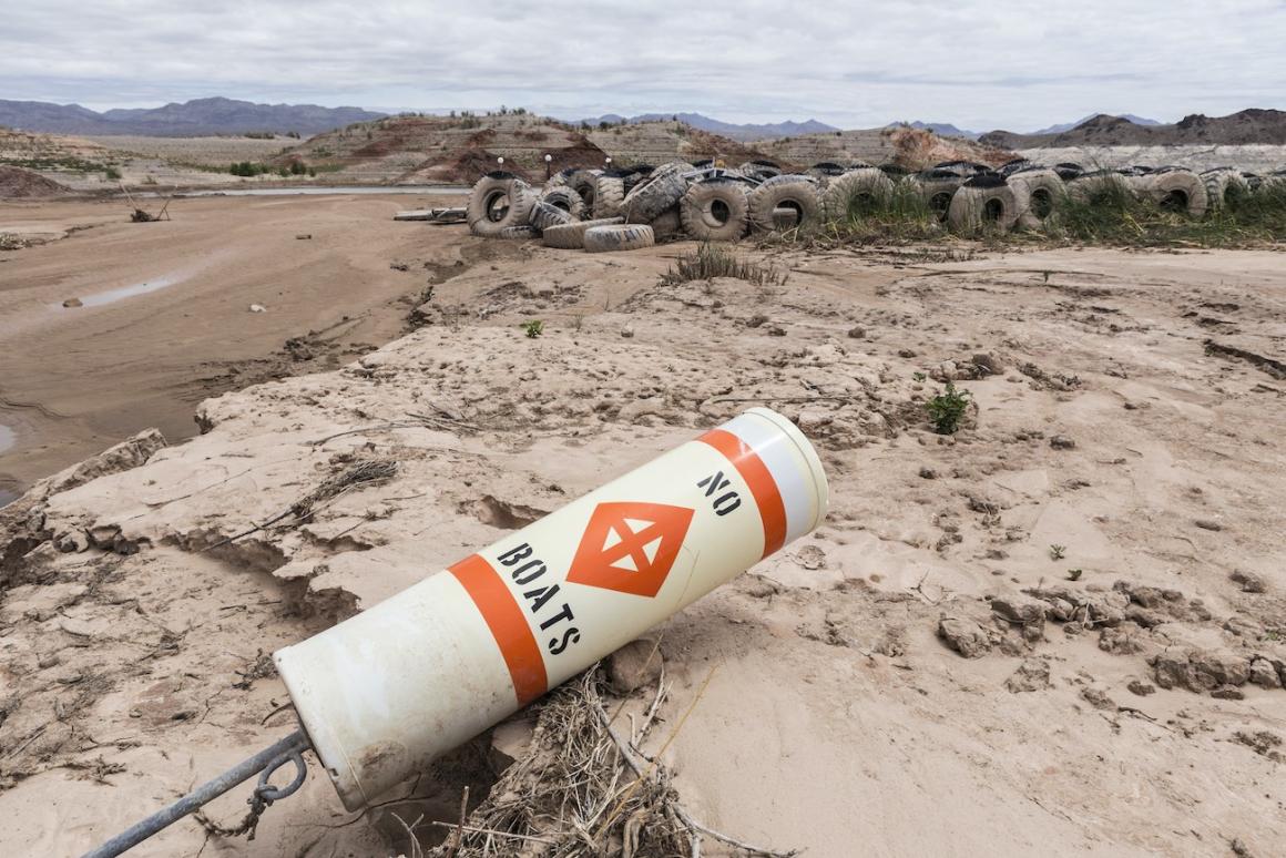 Low water levels at Lake Mead, representing the impacts of drought.