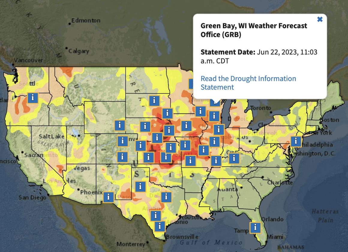 Example map showing NWS Drought Information Statements across the contiguous United States.