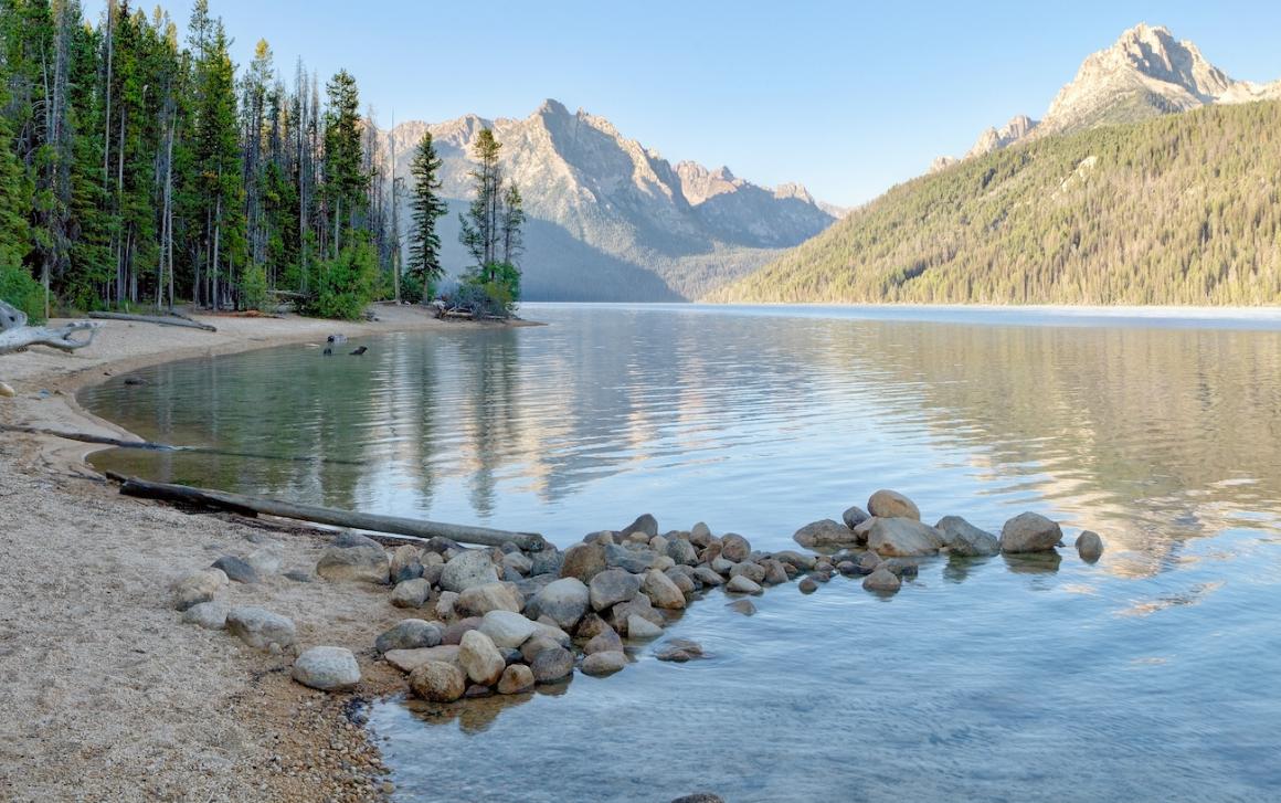 Green trees and mountains surrounding Redfish Lake in Idaho.