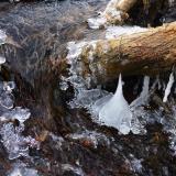 A stream flows between blocks of ice in a winter landscape. Photo credit: Adam, Adobe Stock.