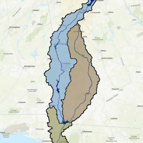 Map that highlights the Apalachicola-Chattahoochee-Flint (ACF) River Basin
