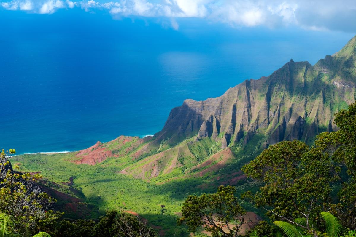 Kauai in Hawaii. A view of the ocean with green grass and shrubs and mountain ridges in the foreground.  Photo credit: Brian Wedekind, Adobe Stock.