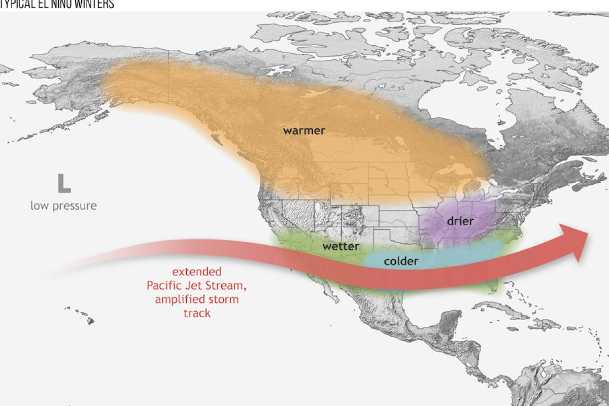El Niño causes the Pacific jet stream to move south and spread further east. During winter, this leads to wetter conditions than usual in the Southern U.S. and warmer and drier conditions in the North. Image credit: NOAA.
