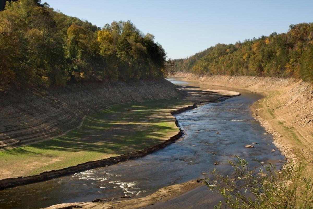 A photo of the Little Tennessee River during a severe drought. Photo credit: mtilghma, Adobe Stock.