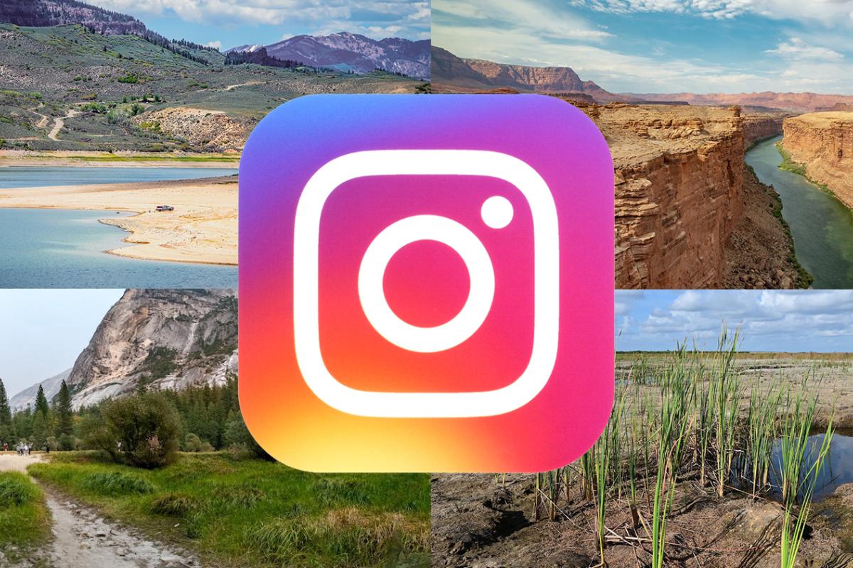 The Instagram logo surrounded by images of drought (courtesy of Shutterstock). The images represents the launch of the new NIDIS Instagram account, @noaadrought.