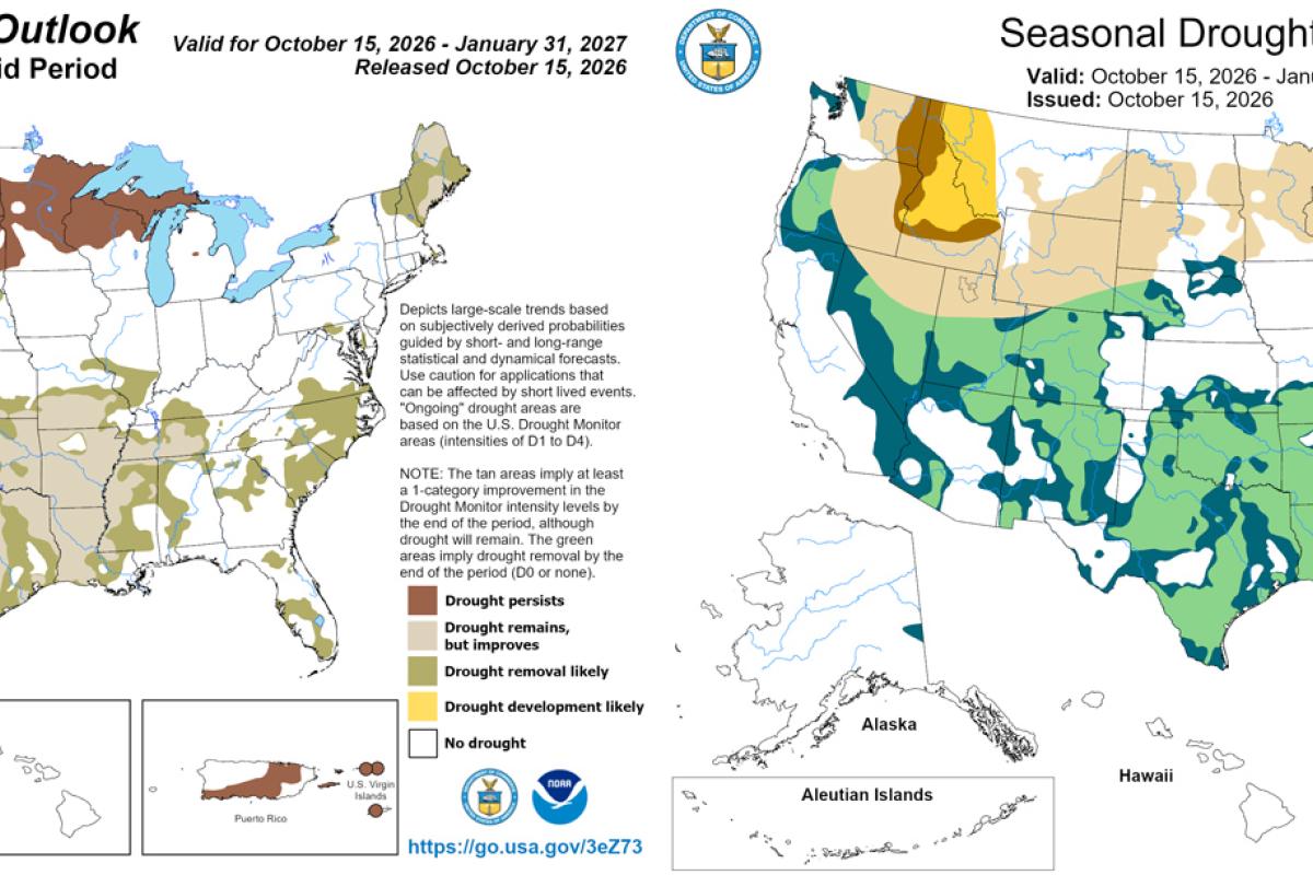 Two map images showing the old CPC seasonal drought outlook (top) and the new, redesigned seasonal drought outlook (bottom). The new outlooks features a streamlined display, new color scheme, and a new "drought worsens" category.