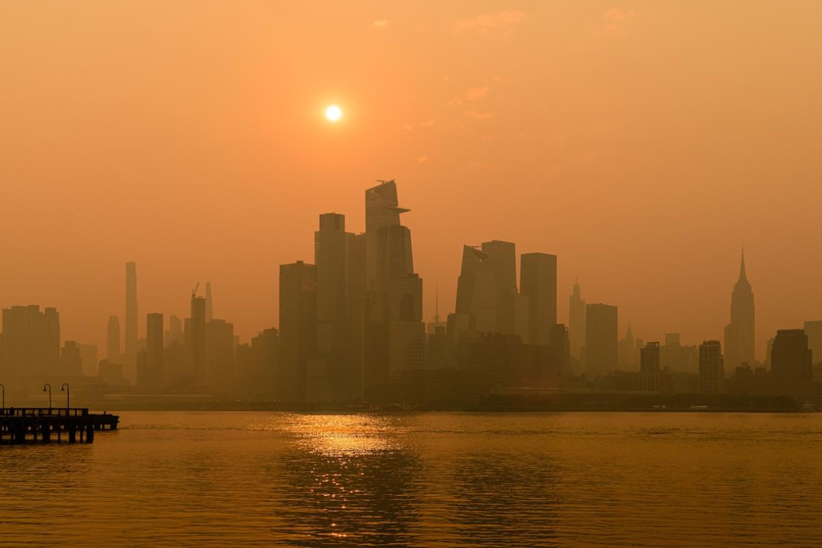 Sunrise over NYC during Canadian Wildfire Smoke Event, from Hoboken, New Jersey. Photo credit: Brian Youchak, Shutterstock.