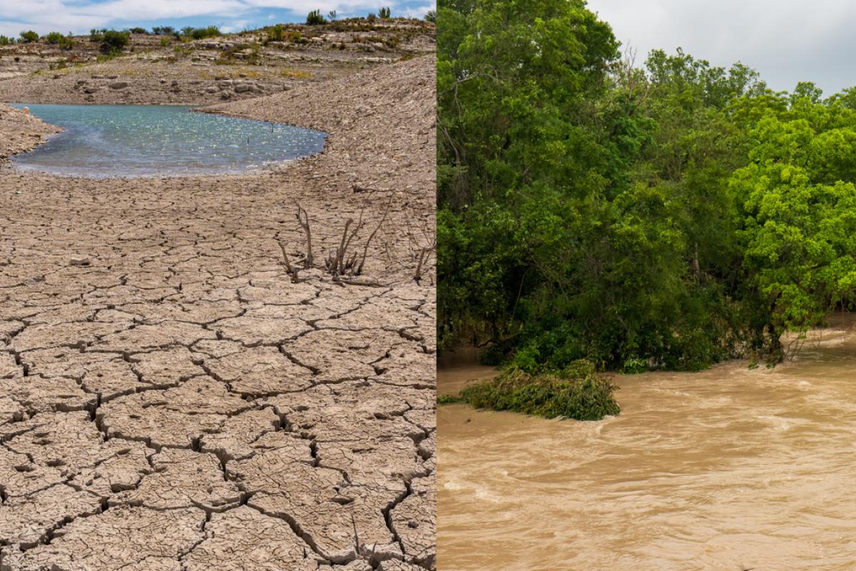 Dry, cracked earth from long-term drought alongside a photo of flooding in the Texas Hill Country. Photo credit: Heidi (left image) and Brigitte Thompson (left image), Adobe Stock.