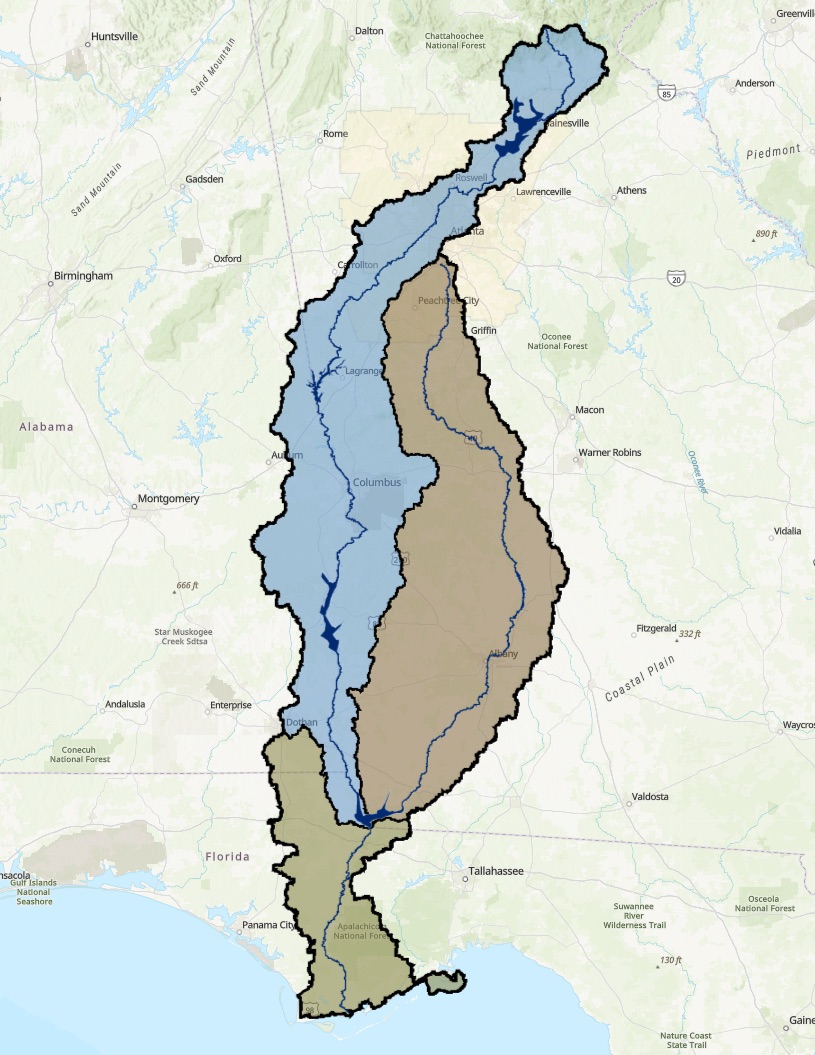 Map that highlights the Apalachicola-Chattahoochee-Flint (ACF) River Basin